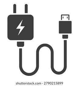 A USB charging cable connected to a power adapter featuring a lightning bolt symbol isolated on transparent background