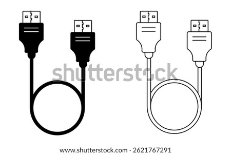 USB and Charging Cable Icon Set, Minimalist Black and White Vector Illustrations for Data Transfer, Power Connection, and Tech UI Design in Flat Style for power connection cords.