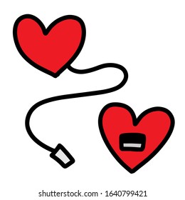 Usb charging one heart from another hand drawn vector poster print in cartoon comic style codependancy