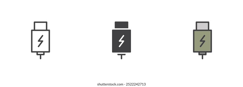 Conjunto de iconos de estilo diferente de enchufe de carga USB. Línea, glifo y contorno relleno versión colorida, contorno y signo de Vector relleno. Símbolo, ilustración del logotipo. Gráficos de Vector