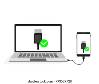 USB connection of the laptop to the smartphone. Vector illustration.