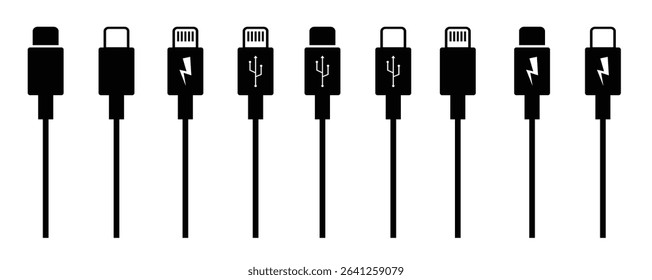 USB connection set icons. Silhouette and linear style. Vector icons.