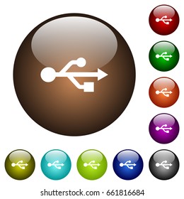 USB connection white icons on round color glass buttons