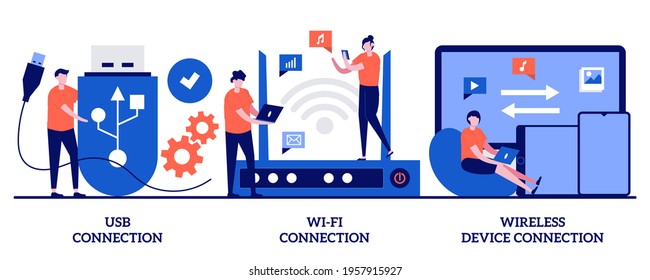 USB connection, Wi-Fi distance device connection concept with tiny people. Remote connected devices abstract vector illustration set. Wireless Internet router, modem, data storage device metaphor.