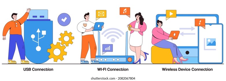 USB connection, Wi-Fi distance device connection concept with tiny people. Remote connected devices abstract vector illustration set. Wireless Internet router, modem, data storage device metaphor.