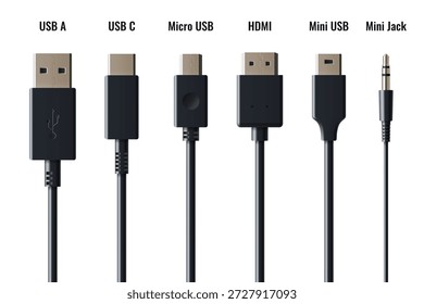 Conjunto de conectores USB com vários tipos de cabos - USB A e C, micro e mini, HDMI e tomada de áudio. Realista 3D preto cabos equipamentos com portas cromadas para carregamento de dispositivo e conexão de dados.