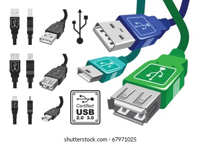 usb connector set vector - vector collection of various usb connectors and cables