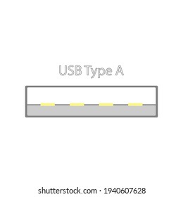 Conector USB en un diseño sencillo con contactos dorados. Ver en la sección de plano. Ilustración vectorial plana