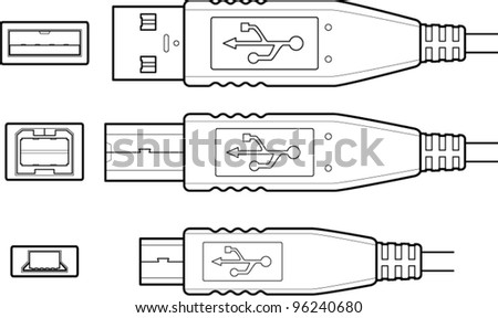 usb connectorsor plugs  in different sizes line art