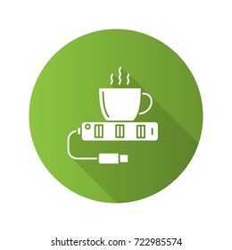 USB cup warmer flat design long shadow glyph icon. Water heater. Vector silhouette illustration
