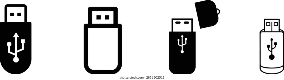 USB Device Icon set Black Vector Universal Serial Bus Data Storage Computer Technology Connection Electronics Transfer Hardware Digital Port Cable Symbol Minimal Graphic Design