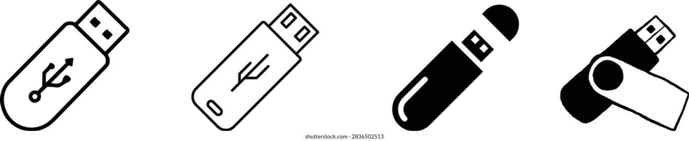 USB Device Icon set Black Vector Universal Serial Bus Data Storage Computer Technology Connection Electronics Transfer Hardware Digital Port Cable Symbol Minimal Graphic Design