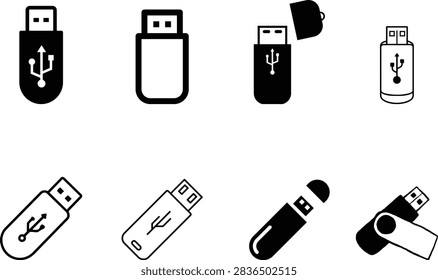 USB Device Icon set Black Vector Universal Serial Bus Data Storage Computer Technology Connection Electronics Transfer Hardware Digital Port Cable Symbol Minimal Graphic Design