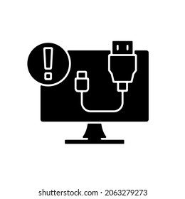USB does not work black glyph icon. Cable connection issue. Desktop computer problem. Software error symptom. Plug in failure. Silhouette symbol on white space. Vector isolated illustration
