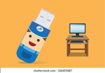 USB drive computer technician character front side computer desk. This illustration meaning to repair program in USB drive like a computer technician when you use it