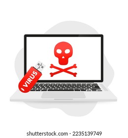 Unidad USB con virus de computadora y laptop infectada, advertencia de peligro, ataque hacker roba información desde computadora de unidad flash. Ilustración del vector