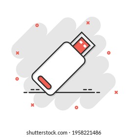 Usb drive icon in comic style. Flash disk vector cartoon illustration on white isolated background. Digital memory splash effect business concept.