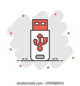 Usb drive icon in comic style. Flash disk vector cartoon illustration on white isolated background. Digital memory splash effect business concept.