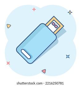 Usb drive icon in comic style. Flash disk vector cartoon illustration on white isolated background. Digital memory splash effect business concept.