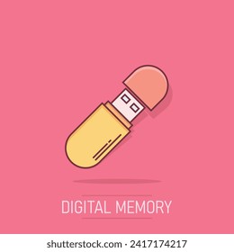 Usb drive icon in comic style. Flash disk vector cartoon illustration on isolated background. Digital memory splash effect business concept.