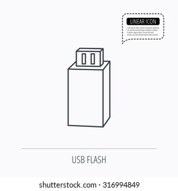 USB drive icon. Flash stick sign. Mobile data storage symbol. Linear outline icon. Speech bubble of dotted line. Vector