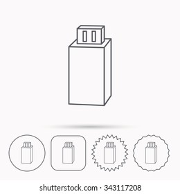 USB drive icon. Flash stick sign. Mobile data storage symbol. Linear circle, square and star buttons with icons.
