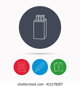 USB drive icon. Flash stick sign. Mobile data storage symbol. Calendar, pencil or edit and document file signs. Vector