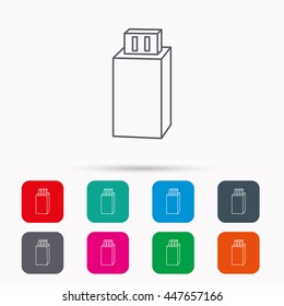 USB drive icon. Flash stick sign. Mobile data storage symbol. Linear icons in squares on white background. Flat web symbols. Vector