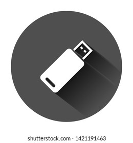 Usb drive icon in flat style. Flash disk vector illustration on black round background with long shadow. Digital memory business concept.
