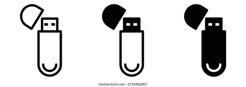 Conjunto de iconos de unidad USB. Minimalista Line Art USB Flash Drive Icon con tapa desmontada, unidades flash USB con tapas extraíbles en blanco y negro, conjunto de iconos USB. Icono de disco flash, Ilustración vectorial