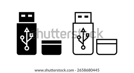 Usb Drive icon set. Minimalist Line Art USB Flash Drive Icon with Detached Cap Illustration