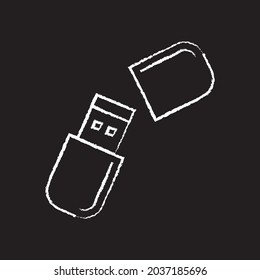 USB drive line Icon design white chalk. Draw a picture on the blackboard.