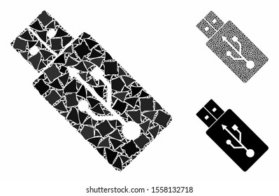 USB drive mosaic of inequal items in various sizes and color hues, based on USB drive icon. Vector tuberous items are united into composition. USB drive icons collage with dotted pattern.