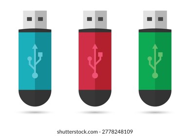 USB drive, Pen drive, Flash drive, Memory card vector icon  silhouette design. Set of three different colored USB drive icons. Vector illustration.