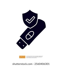 A USB drive with a shield symbol, representing data security and protection. The design emphasizes the importance of safeguarding digital information.