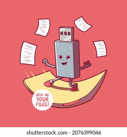 USB drive surfing a file folder vector illustration. Technology, funny, storage design concept.