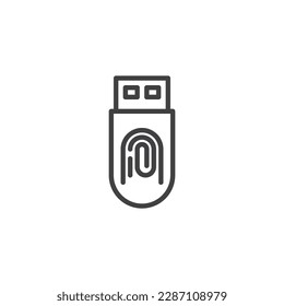 usb drive verification line icon. linear style sign for mobile concept and web design. USB stick and fingerprint outline vector icon. Symbol, logo illustration. Vector graphics