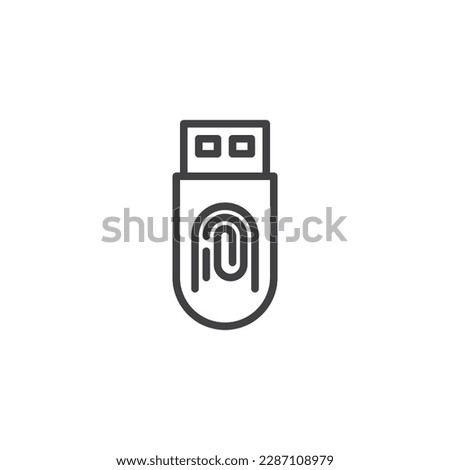 usb drive verification line icon. linear style sign for mobile concept and web design. USB stick and fingerprint outline vector icon. Symbol, logo illustration. Vector graphics