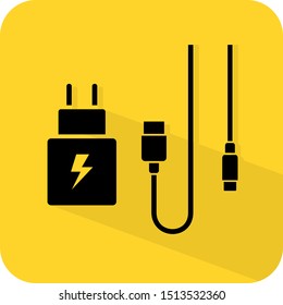 USB fast charger sign. Type A and OTG adaptor and cable. Flat 3D shadow design. yellow background black vector. product brand service label banner board display. App icon.