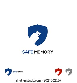 Diseño de logotipo de protección de disco USB Flas, unidad de disco flexible con diseño de logotipo de escudo en fondo aislado, elemento gráfico de plantilla de icono
