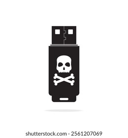 Usb flash card with virus. Flash drive disk icon isolated on white background. Cyber crime, phishing, virus attack. Black silhouette of device, database, information storage. vector illustration