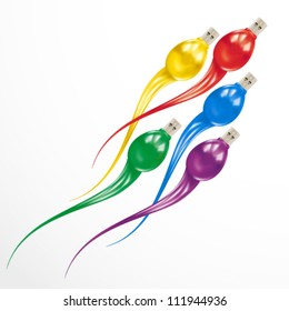 USB Flash Drive attack. Colorful Information concept isolated on white background.