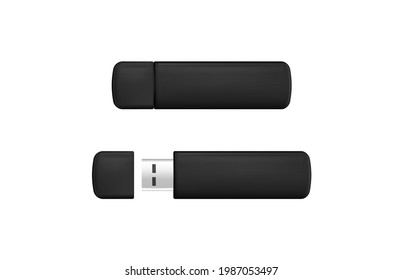 Usb Flash Drive Black Close Memoria Realista Dispositivo Portable.Ilustración vectorial aislada en fondo blanco.Eps 10.