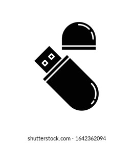 USB flash drive black glyph icon. Compact data storage device. Memory stick. Thumb drive, key. Transferring information. Silhouette symbol on white space. Vector isolated illustration