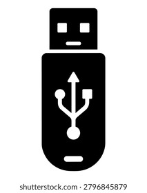 USB flash drive black silhouette icon isolated on white background. Minimal data storage device illustration for technology, backup, file transfer, sticker, logo, and design.