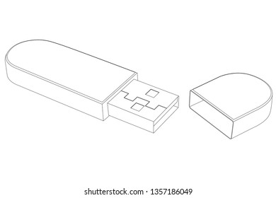 USB flash drive with cap. Outline drawing. Vector illustration isolated on white background
