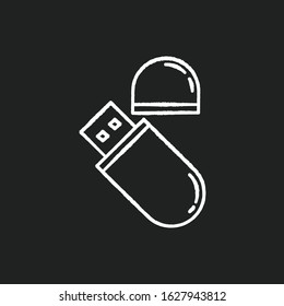 USB flash drive chalk white icon on black background. Compact data storage device. Memory stick. Thumb drive, key. Small portable electronic gadget. Isolated vector chalkboard illustration