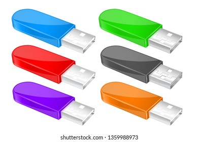 USB flash drive. Colored memory sticks. Vector 3d illustration isolated on white background