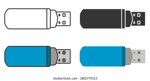 Usb flash drive in different styles. Set of various icons.