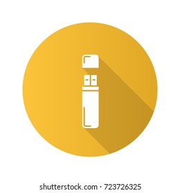 USB flash drive flat design long shadow glyph icon. Memory stick. Vector silhouette illustration